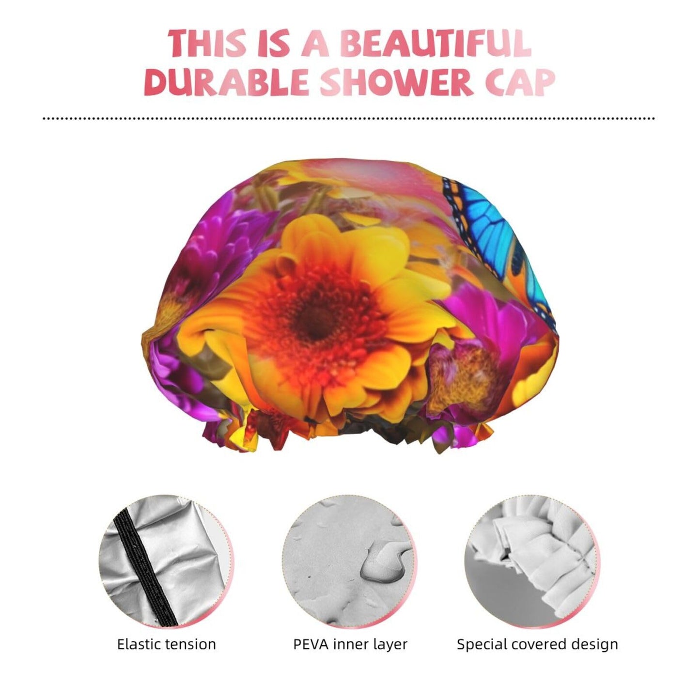 Colorful Butterfly Flower Shower Cap for Women Men Large Reusable Shower Bonnet Double-Layer Waterproof Bath Caps Elastic Band Hair Hat for All Beauty and Personal Care BWLHJKE