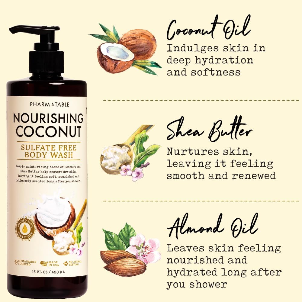 PHARM TO TABLE Nourishing Coconut Body Wash for Women and Men Softens and Soothes the Skin, Sulfate Free, 100% Cruelty Free, 480ml Beauty & Personal Care PHARM TO TABLE