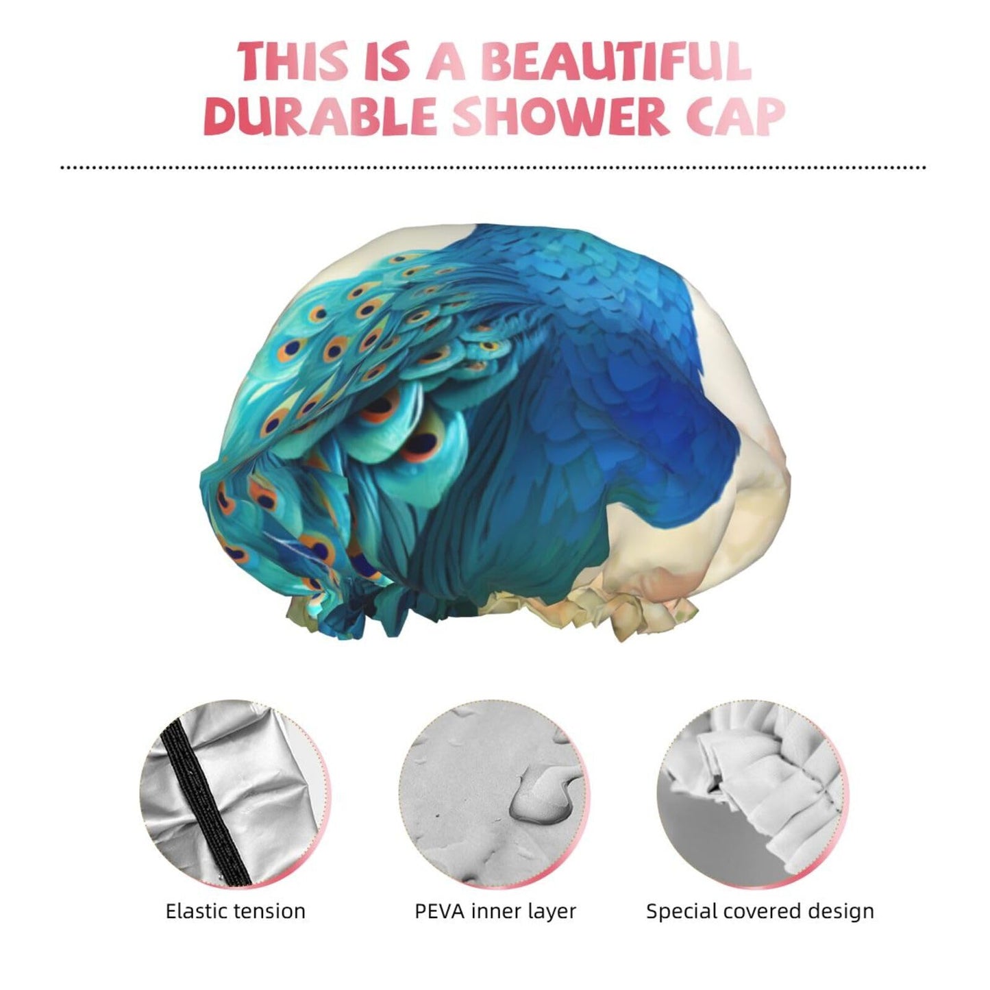 Cartoon Blue Peacock Shower Cap For Women Reusable Double Layers Bathing Bath Cap Hair Caps Waterproof Elastic Band Ladies Spa Salon Shower Hat Hair Beauty and Personal Care GDSHJKLW