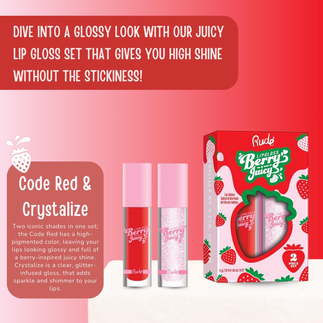 RUDE Cosmetics Berry Juicy Lip Gloss for Women, High Shine Lip Glosses Set, Moisturizing & Hydrating Lipgloss for Girls, Ideal for Day & Night Makeup Beauty & Personal Care RUDE