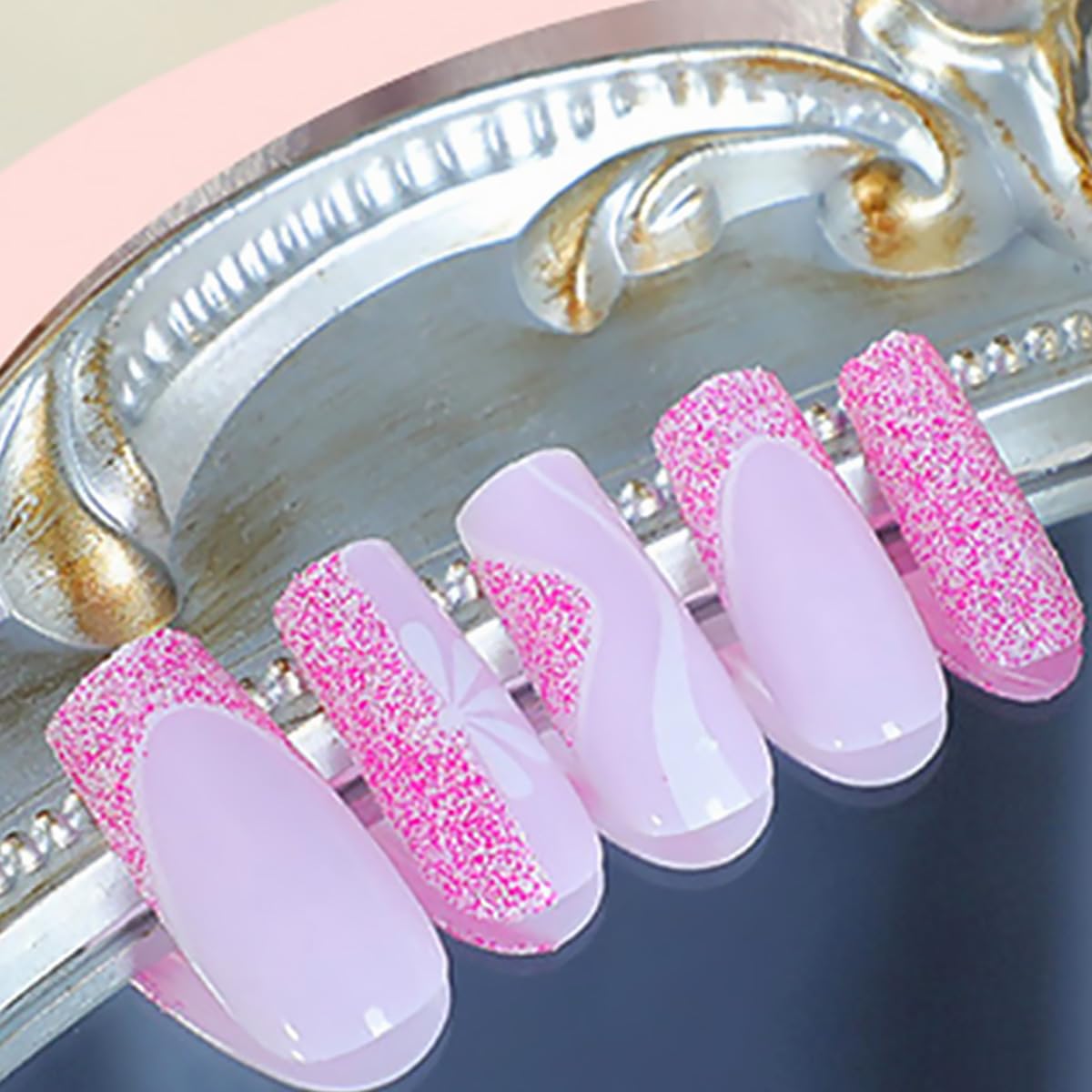 Square Press on Nails Medium Hot Pink Fake Nails Glitter Flower with line Design Pink French Tip False Nails Stick on Nails Full Cover Artificial Glue Beauty and Personal Care DZPGUONIZ