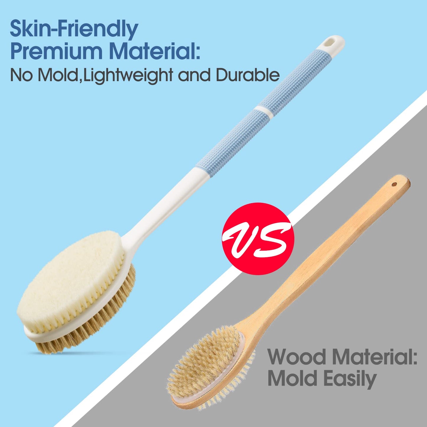 Wonsagain Back Scrubber Anti Slip Long Handle for Shower, Dual-Sided Back Brush with Stiff and Soft Bristles,Body Exfoliator for Bath or Dry Brush. Beauty & Personal Care Wonsagain