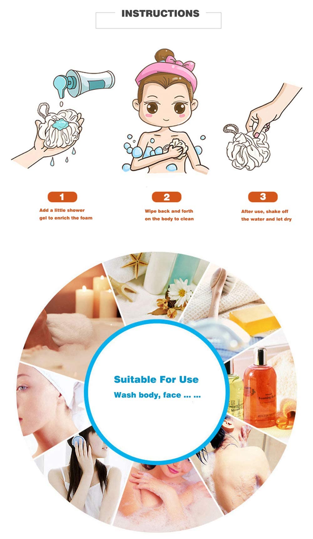Anime Beauty Sponges Cute Bath Loofah for Women Premium Cartoon Shower Ball Loofah with Handle Beauty Bathing Accessories Pink Bunny Cat Anime Beauty and Personal Care sailorsunny