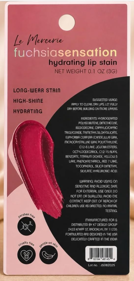 LE MERCERIE Fuchsia Sensation Hydrating Lip Stain, Long-Wear, High-Shine, with Hyaluronic Acid, 0.1 oz