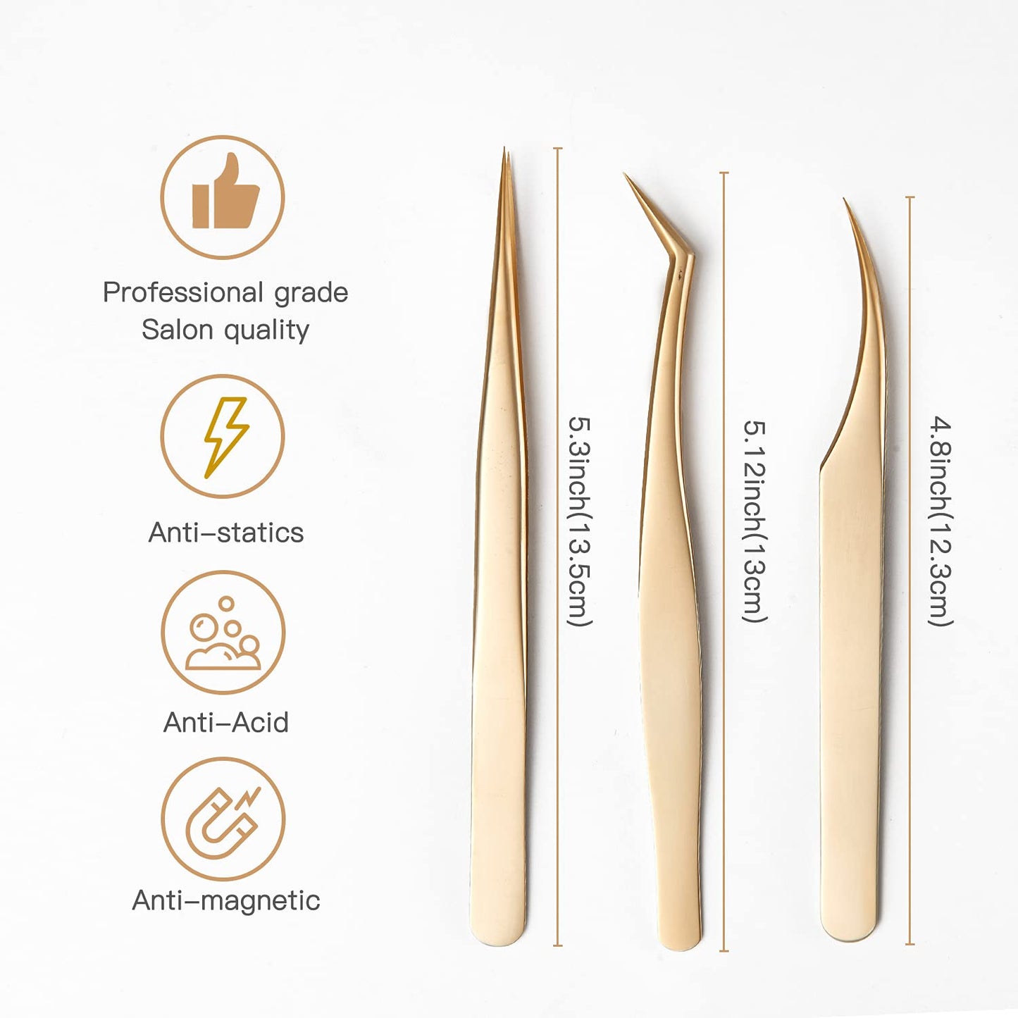 Eyelash Extension Tweezers, 3-Pack,Professional Stainless Steel Tweezers for Volume Lashes, Straight and Curved Tips for 3D-6D,Golden Beauty and Personal Care MEIFUKA