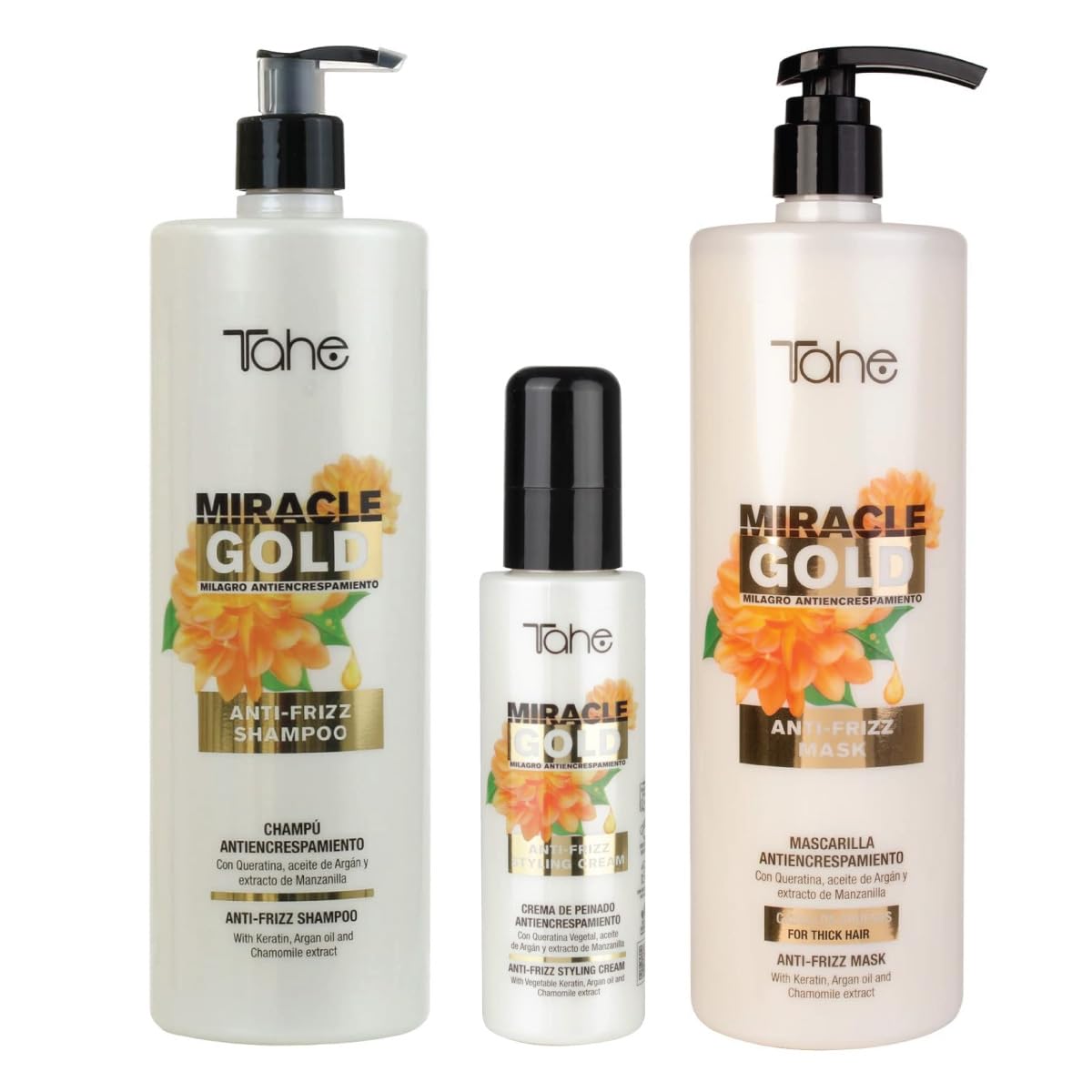Tahe Miracle Gold Kit For Frizz Control - Shampoo 1000ml + Mask 1000ml + Styling Cream 100ml Beauty & Personal Care Tahe
