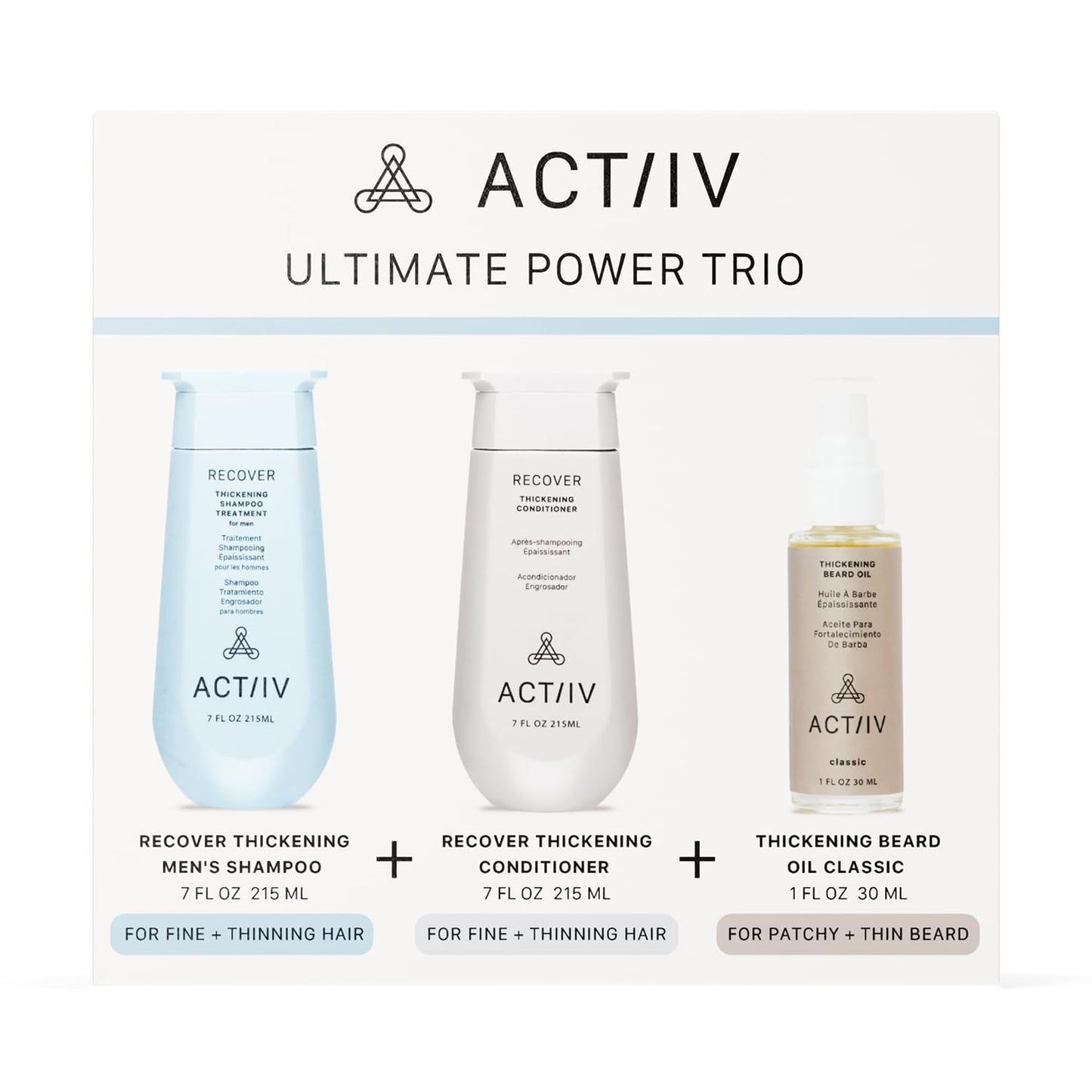 ACTIIV Ultimate Power Trio For Men | Promotes Fuller Hair And Beard, Strengthens And Hydrates, Includes Shampoo, Conditioner & Beard Oil, Vegan Beauty & Personal Care ACTIIV