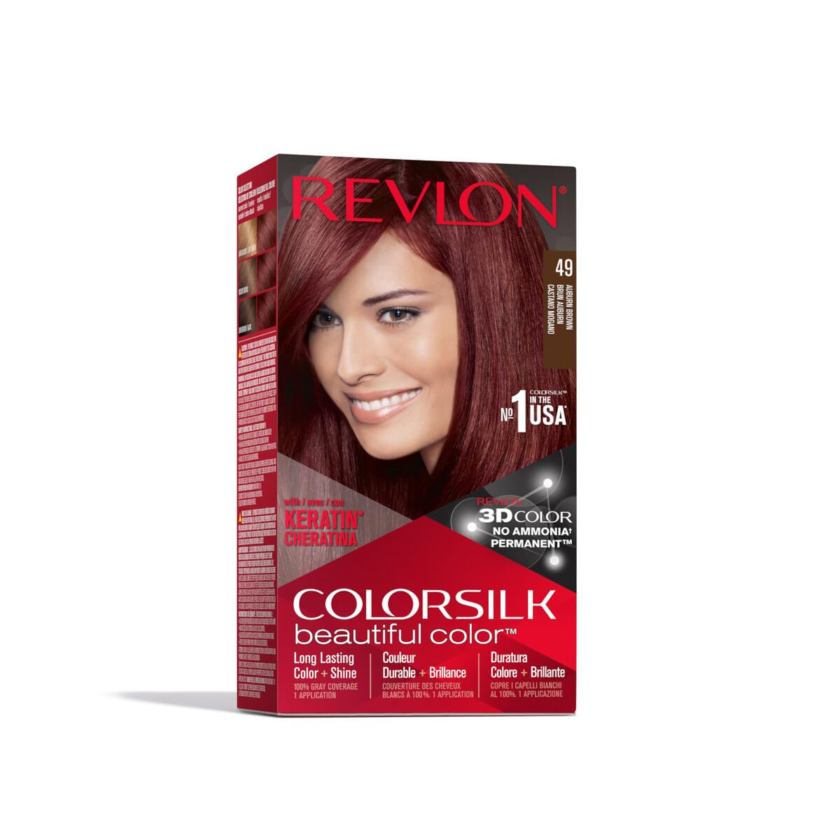 Revlon Colorsilk Beautiful Color, Permanent Hair Dye with Keratin, 100% Gray Coverage, Ammonia Free, 49 Auburn Brown Beauty & Personal Care REVLON