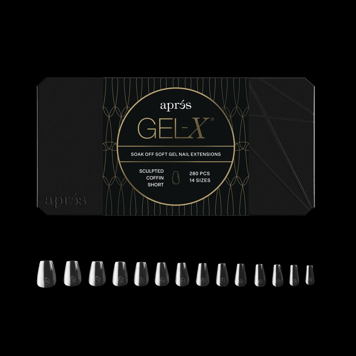 Apres Gel-X® Coffin Box of Nail Tips | 280 Gel-X Tips, Soft Tips, 14 Sizes 00-9 | Half-sizes Included (Sculpted Coffin Short, 280 Count)