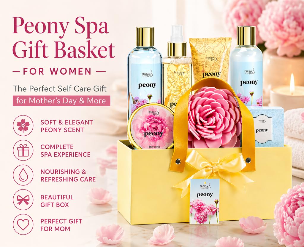 Peony Spa Gift Basket for Women - Mother’s Day Bath & Body Gift Set with Shower Gel, Bubble Bath, Body Mist, Bath Salts & Scrub - Self Care Gift Box Beauty and Personal Care Freida and Joe