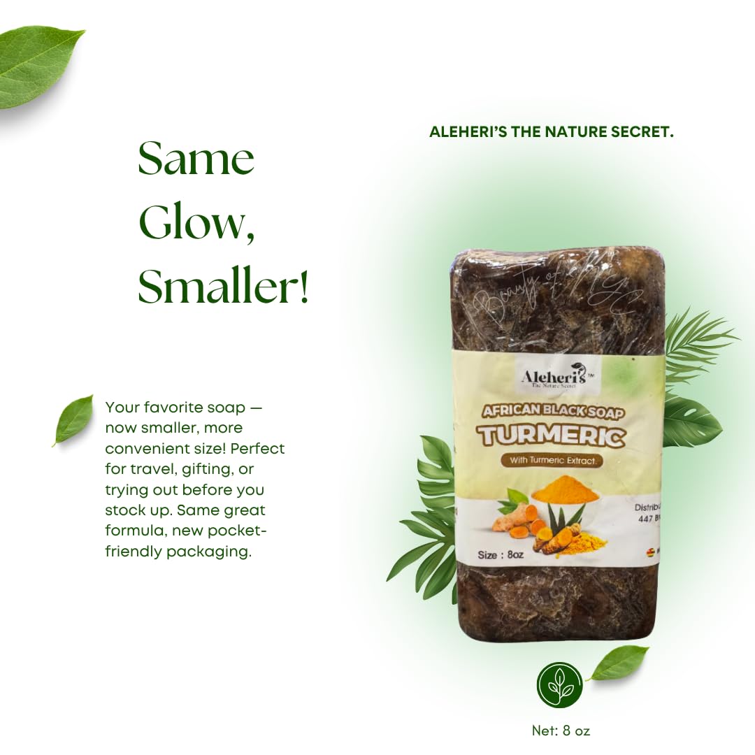 Aleheri's African Black Soap Turmeric 8 oz-100% All Natural, Raw Ingredients, For All Skin Types, Helps Rejuvenate, Aids Against Dark Spots, Eczema Beauty & Personal Care ALEHERI'S THE NATURE SECRET.
