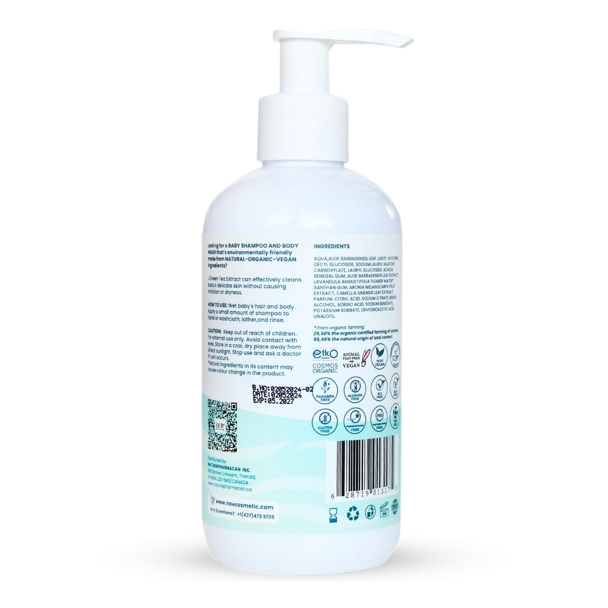 NOV natural organic vegan Baby Shampoo & Body Wash | Tear-Free, Plant-Based Formula for Gentle Cleansing, Nurturing, and Ethical Care, Free from