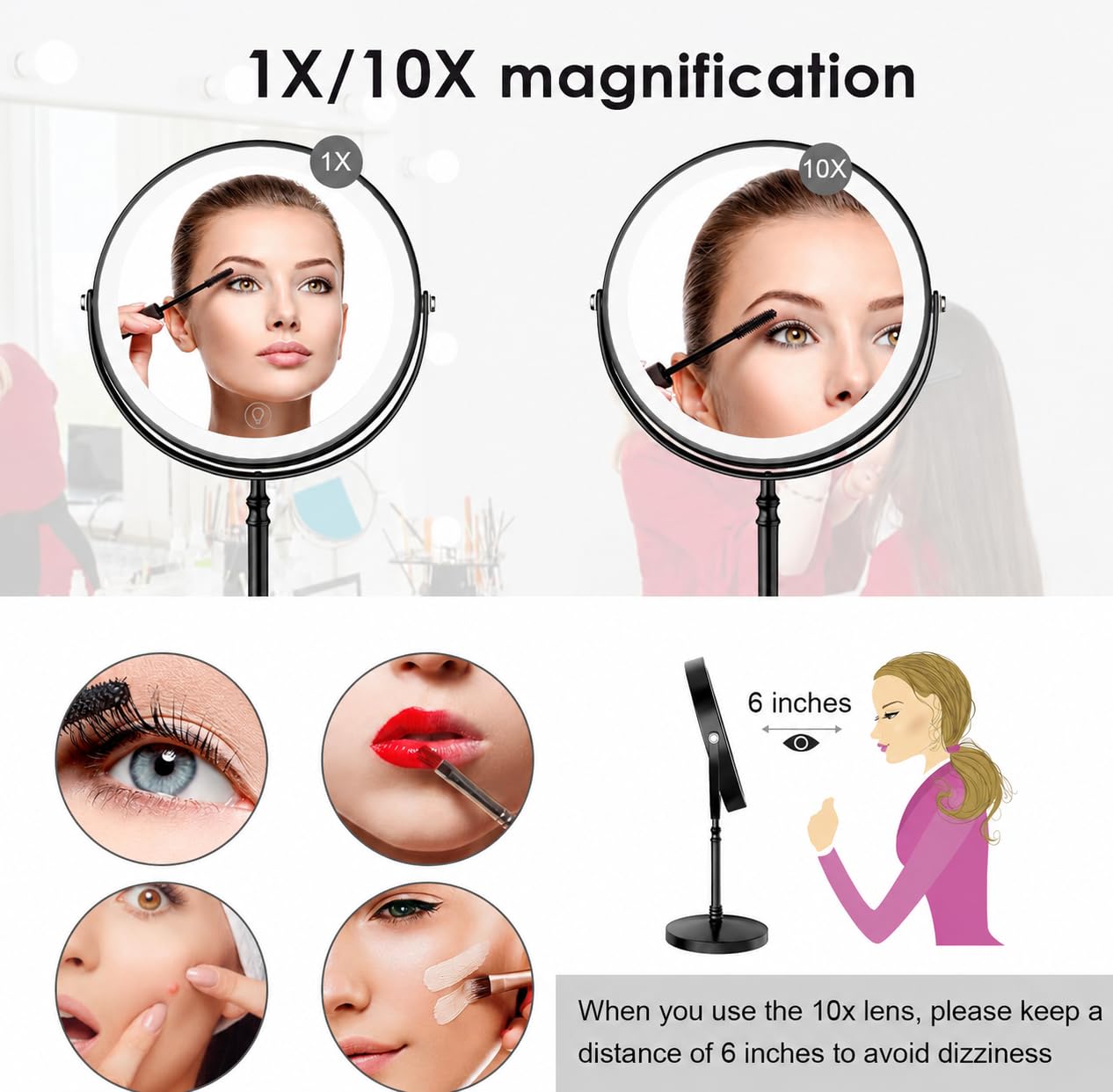 DEIOVWXS Makeup Mirror, Rechargeable Vanity Mirror with 3 Lights, 1X/10X Beauty and Personal Care DEIOVWXS