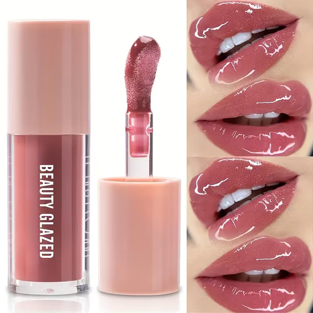 Beauty Glazed Rose Nude Tint Glass Shine Lip Oil Gloss - High Pigment Hydrating Lip Serum Jelly Lip, Non-Sticky Mirror Glazed Finish, Smooths Lip Beauty and Personal Care Beauty Glazed