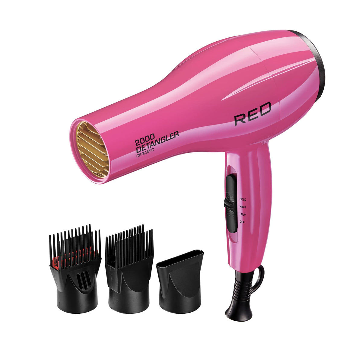 RED by KISS 2000 Ceramic Hair Dryer, Professional Salon Blow Dryer, 2 Detangler Pik Attachments, Tourmaline Technology, 3 Heat Settings, Easy Storage