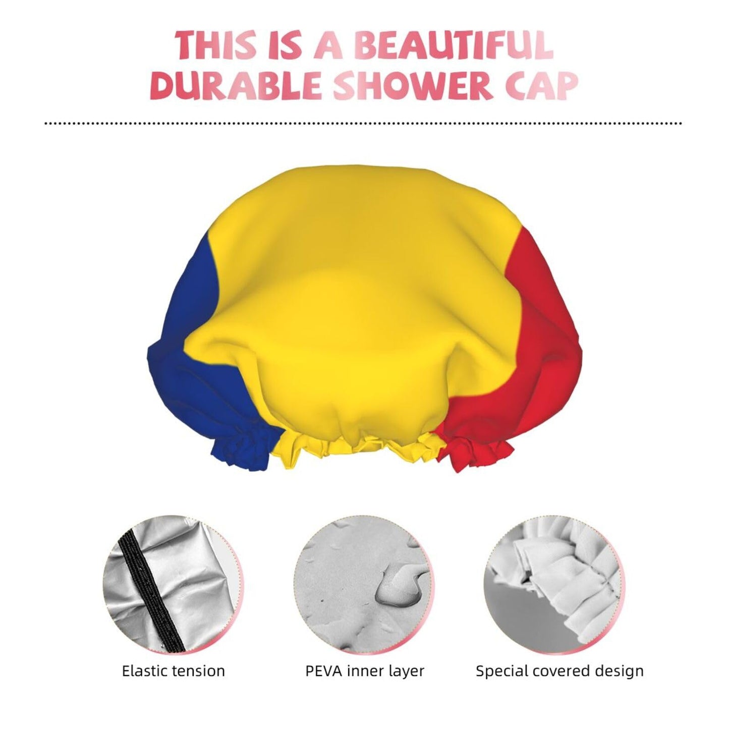 Romanian Flag Prints Shower Cap Double Layer Lined Waterproof Bathing Shower Hat Beauty and Personal Care Hayyett