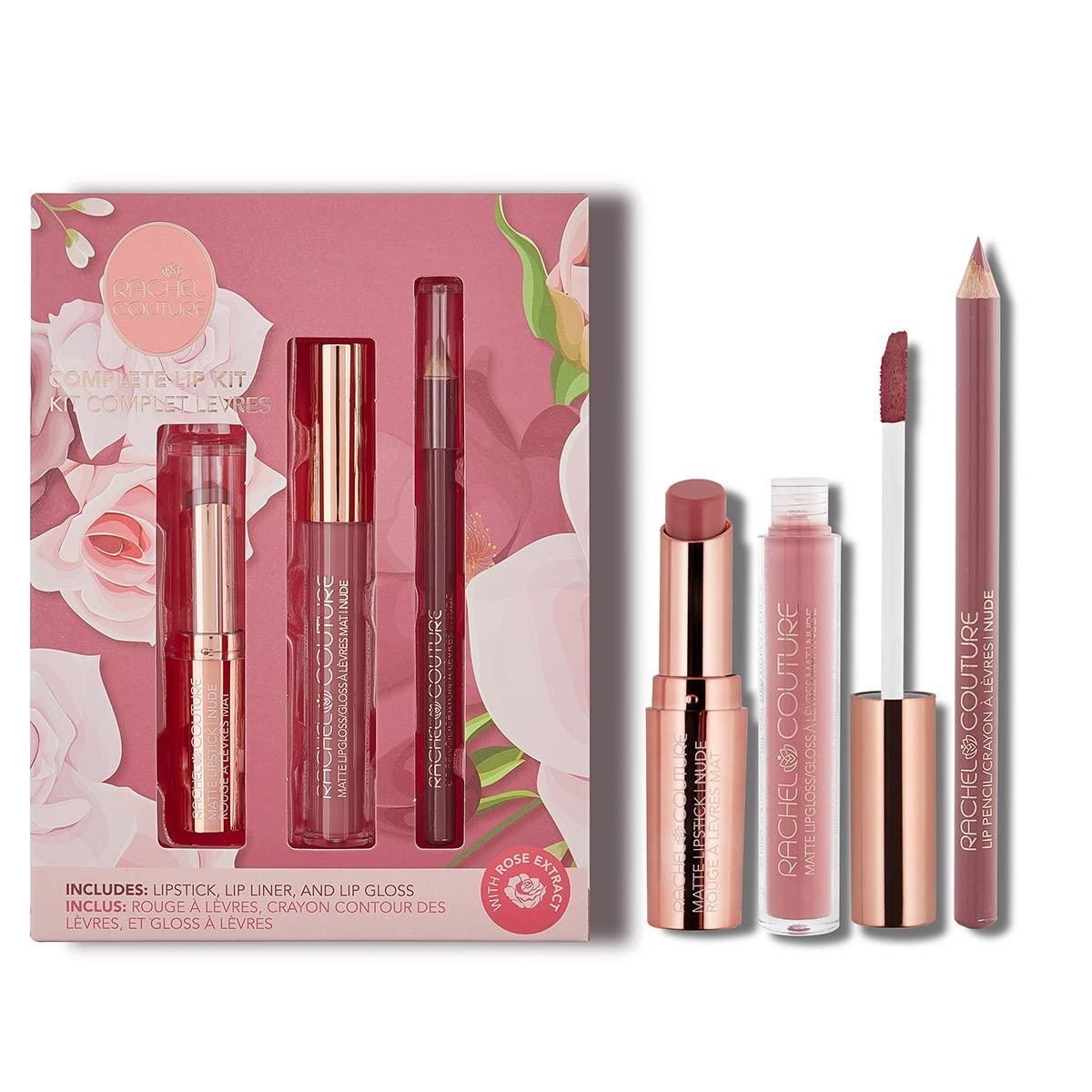 Rachel Couture Complete Lip Kit | Includes Lipstick, Lip Liner & Lip Gloss | Vegan & Cruelty Free | Infused with Rose Extract - Nude Beauty & Personal Care Rachel Couture
