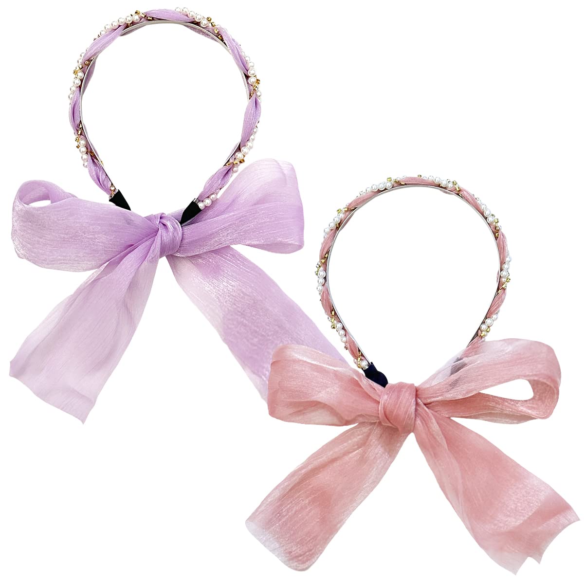 allydrew Pearl & Rhinestone Headbands with Long Ribbon Head Wraps (Set of 2)