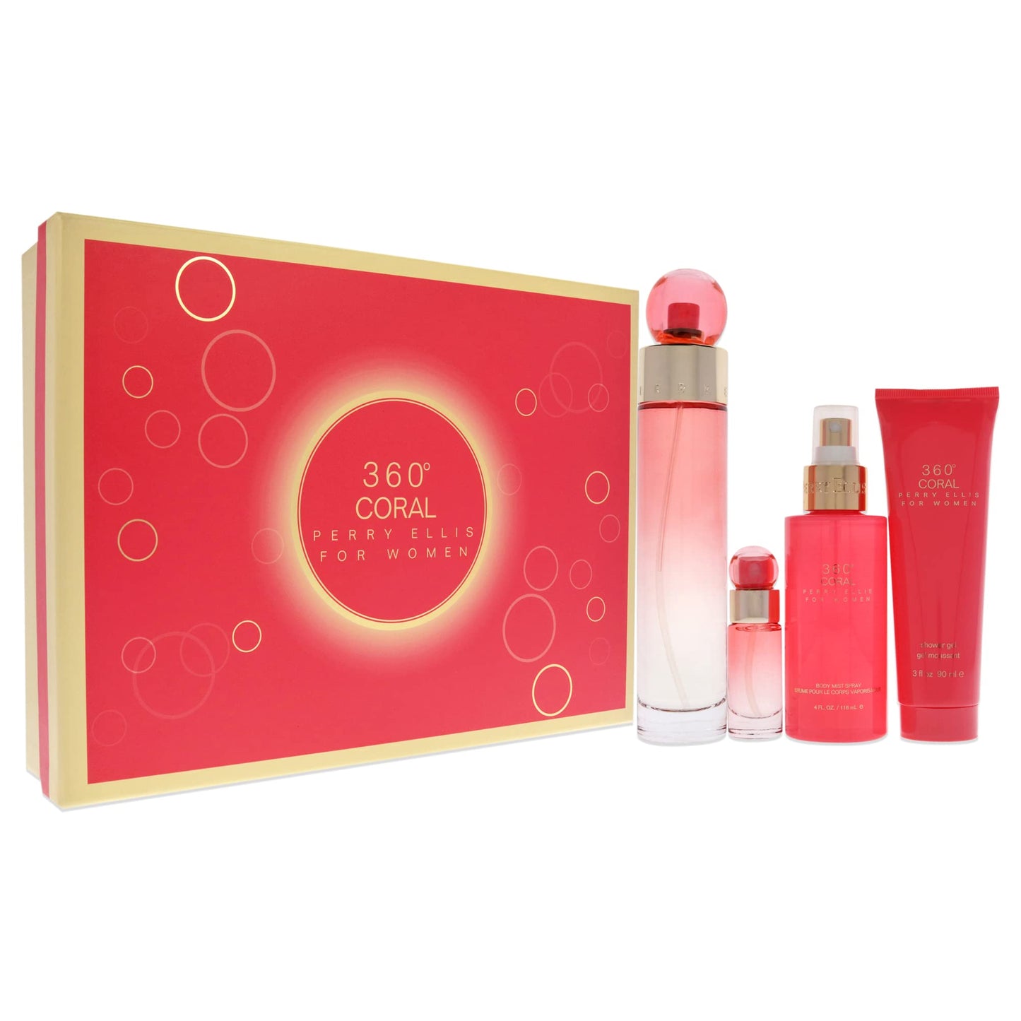Perry Ellis 360 Coral 3.4oz EDP Spray, 4oz Body Mist, 3oz Shower Gel, 0.25oz EDP Spray Women 4 Pc Gift Set Beauty & Personal Care Perry Ellis