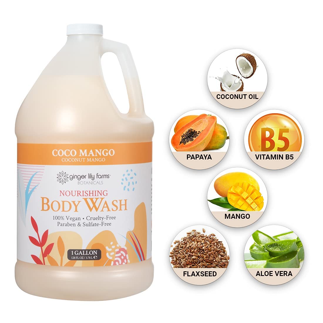 Ginger Lily Farms Botanicals Nourishing Body Wash, Coco Mango, 100% Vegan & Cruelty-Free, Coconut Mango Scent, 1 Gallon (128 fl oz) Refill Beauty & Personal Care Ginger Lily Farms