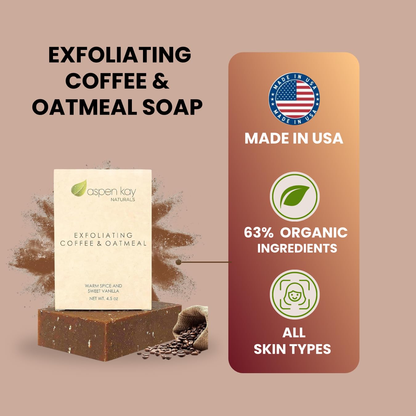 Coffee & Oatmeal Exfoliating Soap, Natural and Organic Coffee Scrub. With Organic Shea Butter & Pure Essential Oils. A Wonderful Oatmeal Soap, For Men Beauty & Personal Care Aspen Kay Naturals