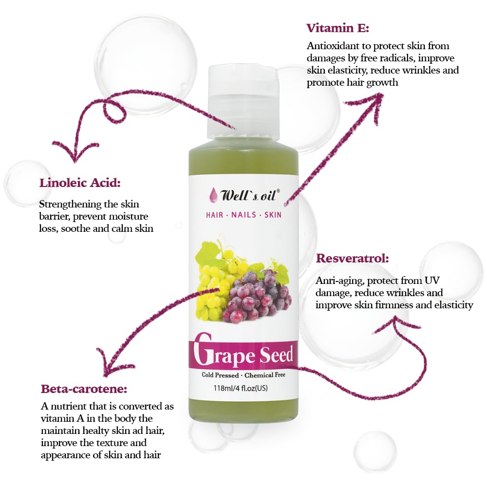 GRAPESEED OIL | 4oz (118ml) | All-Natural | For Hair, Skin & Nails | Moisturizer for Sensitive Skin Types | Refined, Cold Pressed | by Well's Oil Beauty & Personal Care Well's Oil