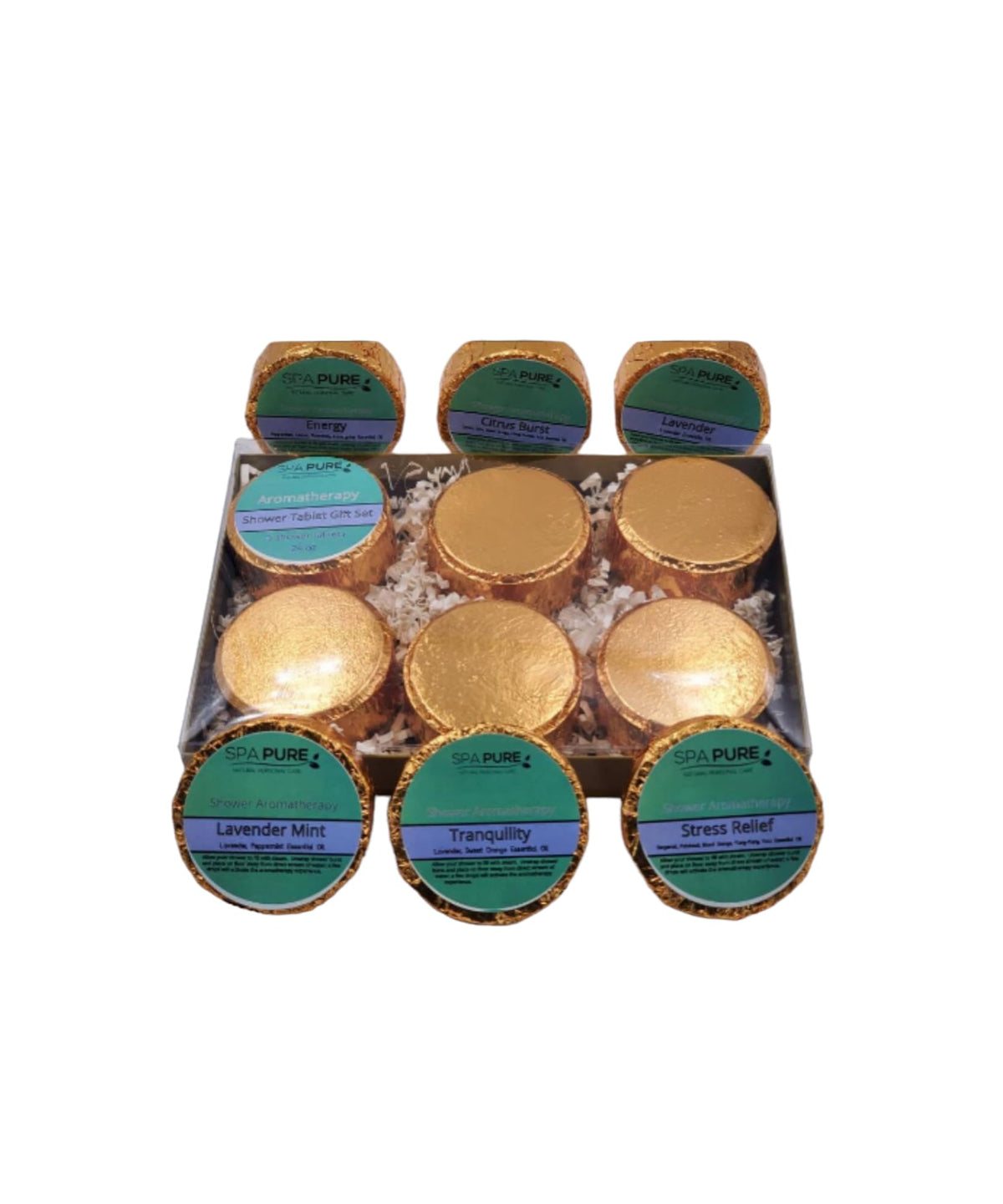 Spa Pure Aromatherapy Shower Tablets: 6 Individually Wrapped Shower Tablet Bomb Gift Set - 4 oz Tablets, Shower fizzies in Gold foils, Makes… Beauty & Personal Care Spa Pure