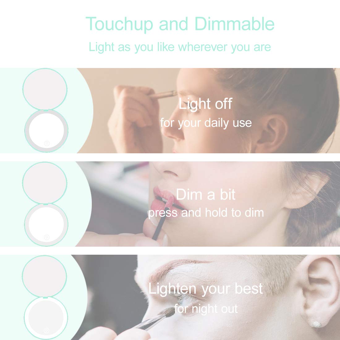 Milishow Compact Mirror with LED Light,1x/10x Magnifying Rechargeable Mirror,3.5in, Dimmable Travel Mirror for Purse,Pocket,Handheld 2-Sided Makeup Beauty & Personal Care Milishow