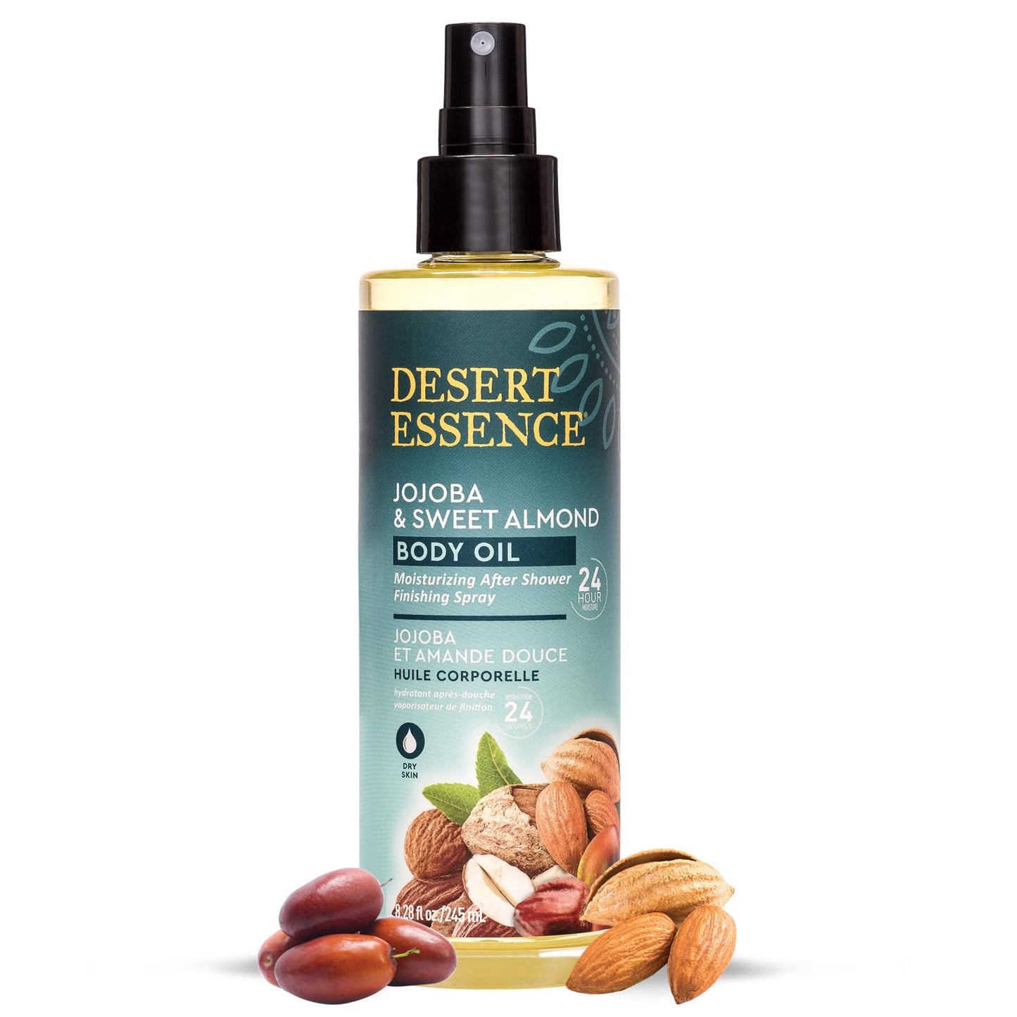 Desert Essence, Jojoba & Sweet Almond Body Oil Spray, 8.28 fl. oz. - Gluten-Free, Vegan, Cruelty Free - 24hour Moisture, Soothes Skin, Perfect Beauty & Personal Care Desert Essence