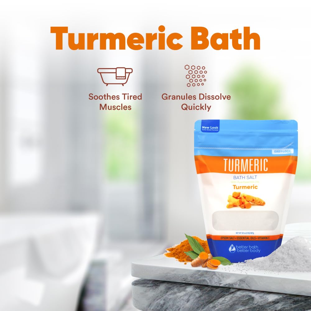Turmeric Bath Salt 32 Oz Epsom Salt with Essential Oils Turmeric, Cinnamon, Orange Plus Vitamin C in BPA-Free Pouch with Easy Press-Lock Zipper | Beauty & Personal Care Better Bath Better Body