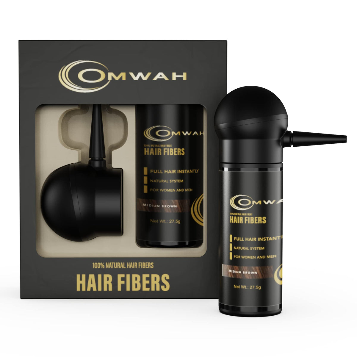 OMWAH Hair Fibers for Thinning Hair Men - 2-in-1 Kit 27.5g, Hair Building Fibers & Spray Applicator, Natural Thick Hair Filler, Conceals Hair Loss