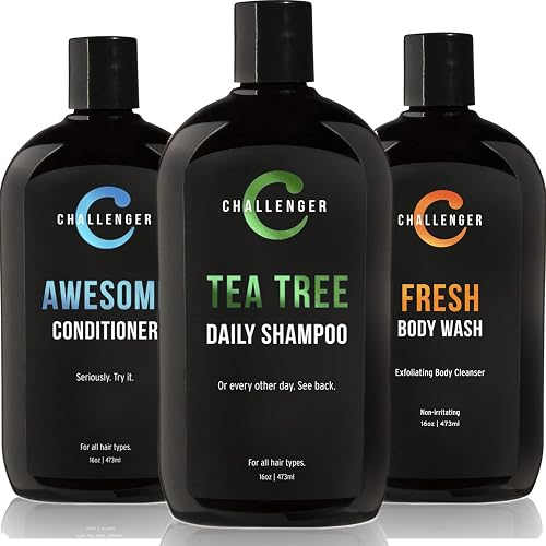 Challenger Men’s Tea Tree Shampoo, Conditioner, & Fresh Body Wash Trio, 3X 16 Oz Bottles | Sulfate Free w/Vitamins, Argan Oil, Biotin | Keratin Beauty & Personal Care Challenger