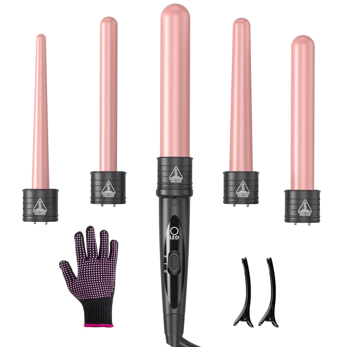 5 in 1 Curling Iron Wand Set, Hair Curling Iron Interchangeable Ceramic Barrels (0.35 to 1.25 Inch), Barrel Heat Protective Glove 2 Clips, Dual Beauty & Personal Care Amgcive