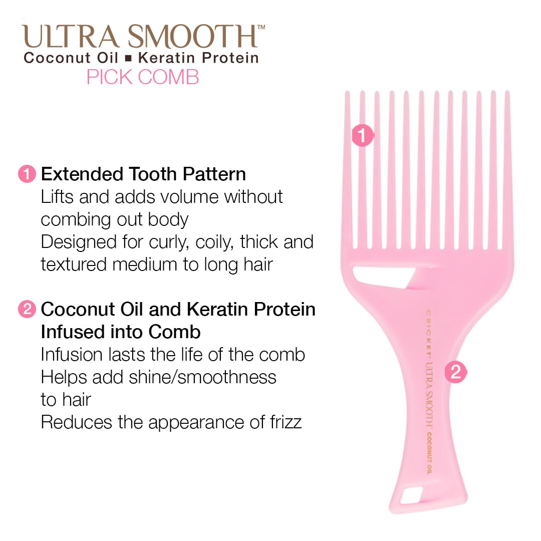 Cricket Ultra Smooth Coconut Hair Pick Comb - Infused with Coconut Oil & Keratin for Frizz-Free Shine, Volume Boost, and Gentle Detangling - Ideal Beauty and Personal Care Cricket