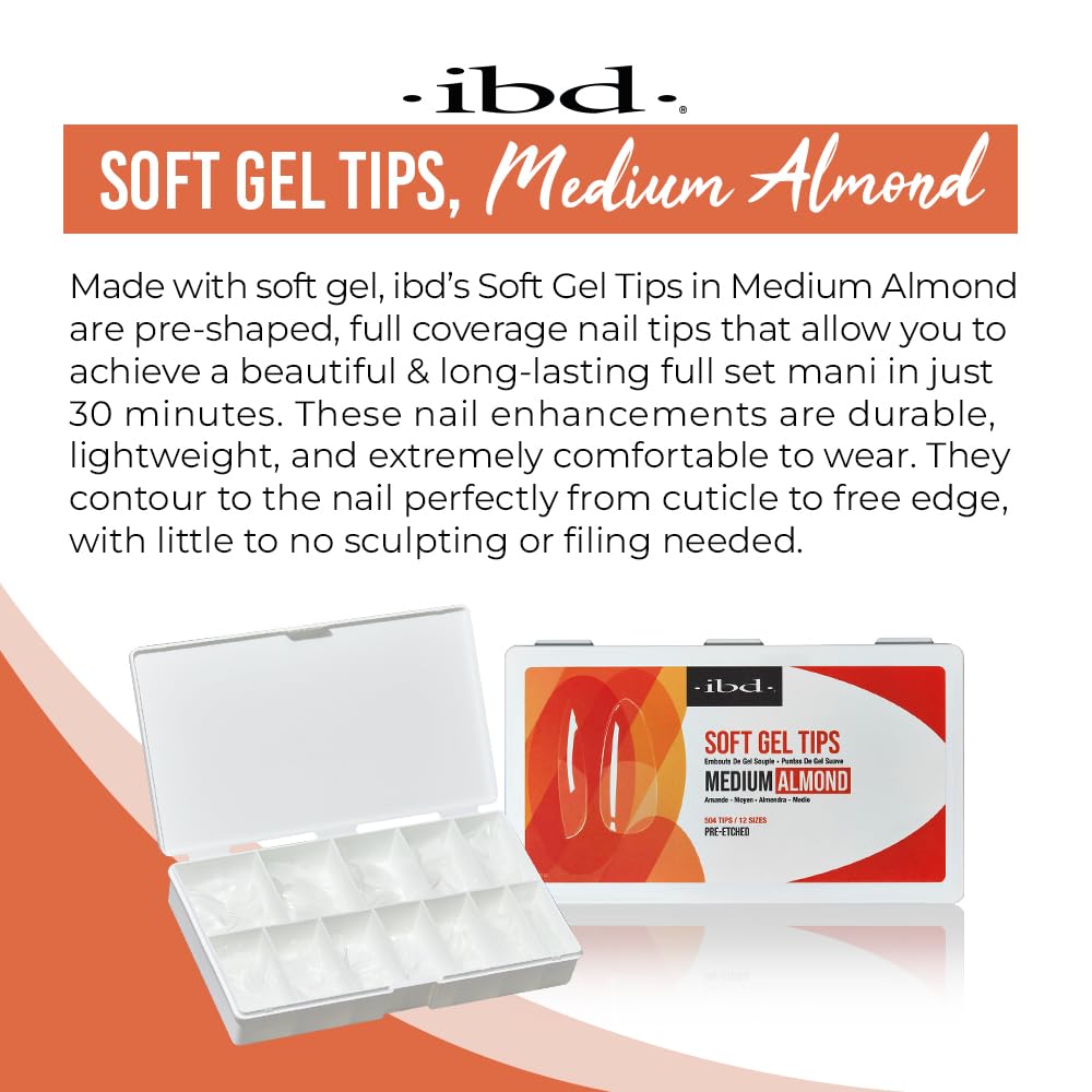 IBD Clear Soft Gel Nail Tips Medium Almond Shape - Pre-Etched, Nail Extensions for Strong Adhesion, Long-Lasting Acrylic Press On Nails, DIY Nail Art