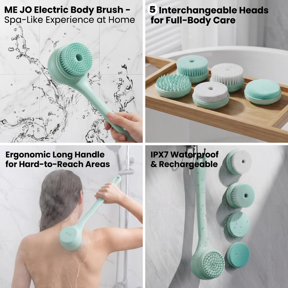 ME JO Electric Body Brush Back Scrubber for Shower - Massaging Spin Brush - 5 Replacement Heads - Waterproof - Rechargeable - Shower Back Scrubber Beauty and Personal Care ME JO