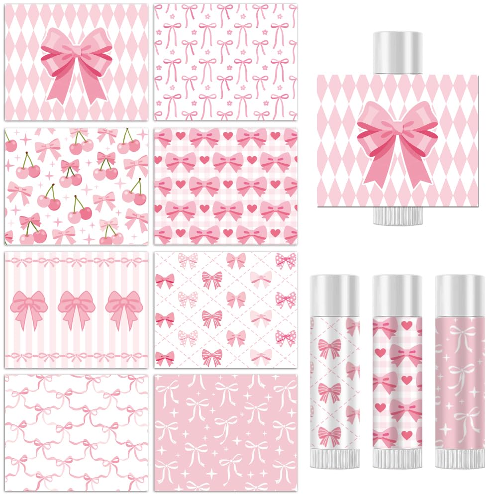 Peacoblue 160Pcs Lip Balm Labels Sticker for Tubes 2.1"x1.7" Pink Bow and Cherry, 8 Styles Waterproof Chapstick Labels Glossy for Homemade Lip Balm Beauty and Personal Care peacoblue