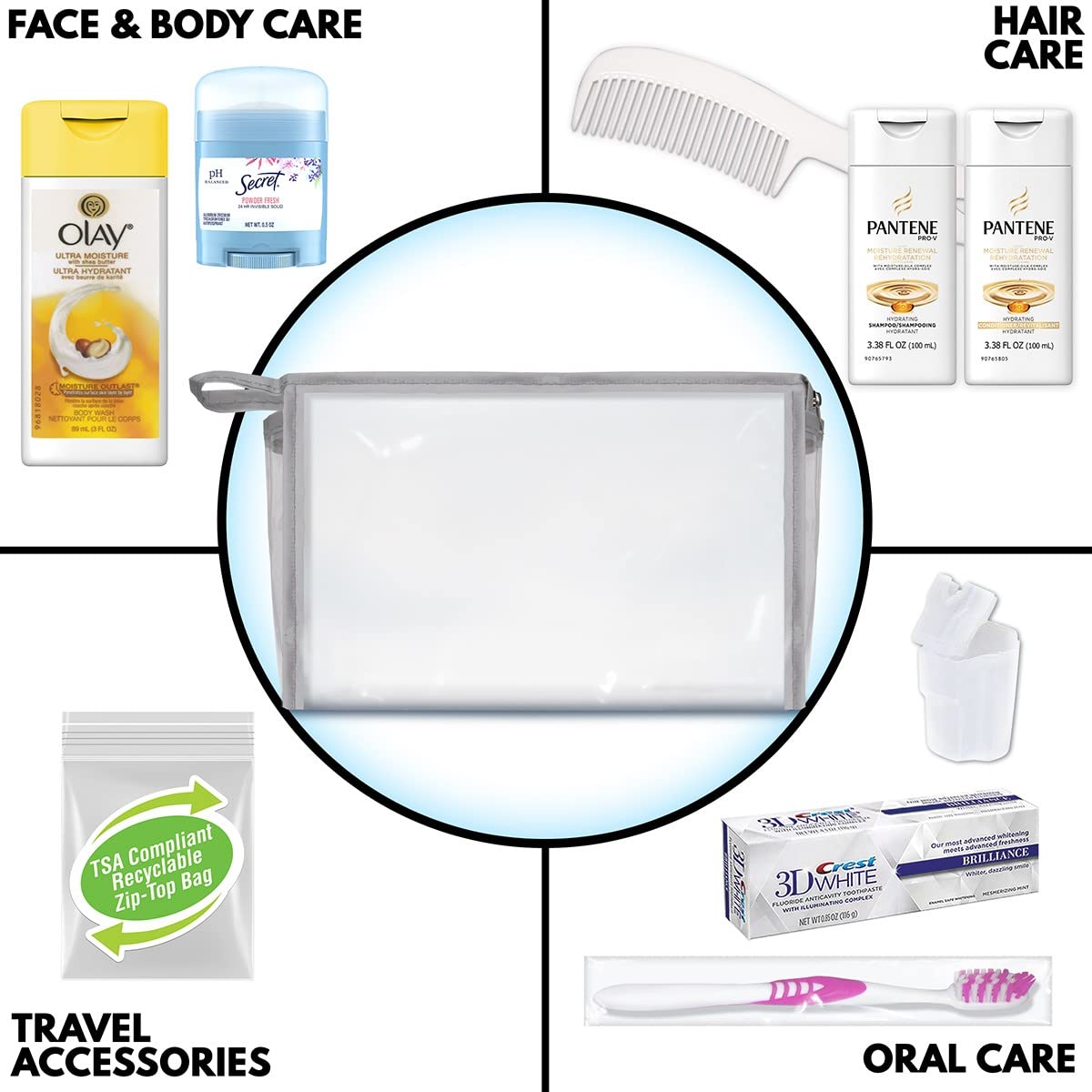 Convenience Kits International Women's 10-Piece Deluxe Kit with Travel Size TSA Compliant Essentials, Featuring: Pantene Hair Products in Reusable Beauty & Personal Care Convenience Kits International