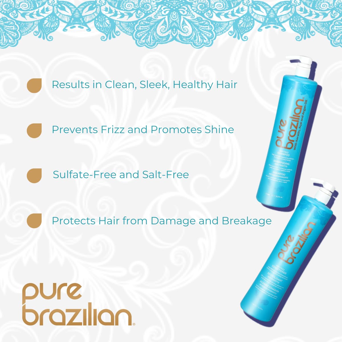 Pure Brazilian Anti-Frizz Daily Shampoo & Conditioner, Salt-Free & Color Safe, Enriched with Keratin, Argan Oil & Acai, 1 Liter (33.8 Fl Oz) Beauty & Personal Care Pure Brazilian
