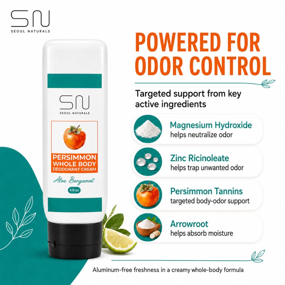 Seoul Naturals Persimmon Whole Body Deodorant Cream 2 Pack, Aloe Bergamot Scented, Eliminates Nonenal Odors, k beauty inspired, 8fl oz, 2 x 4fl oz Beauty and Personal Care Seoul Naturals