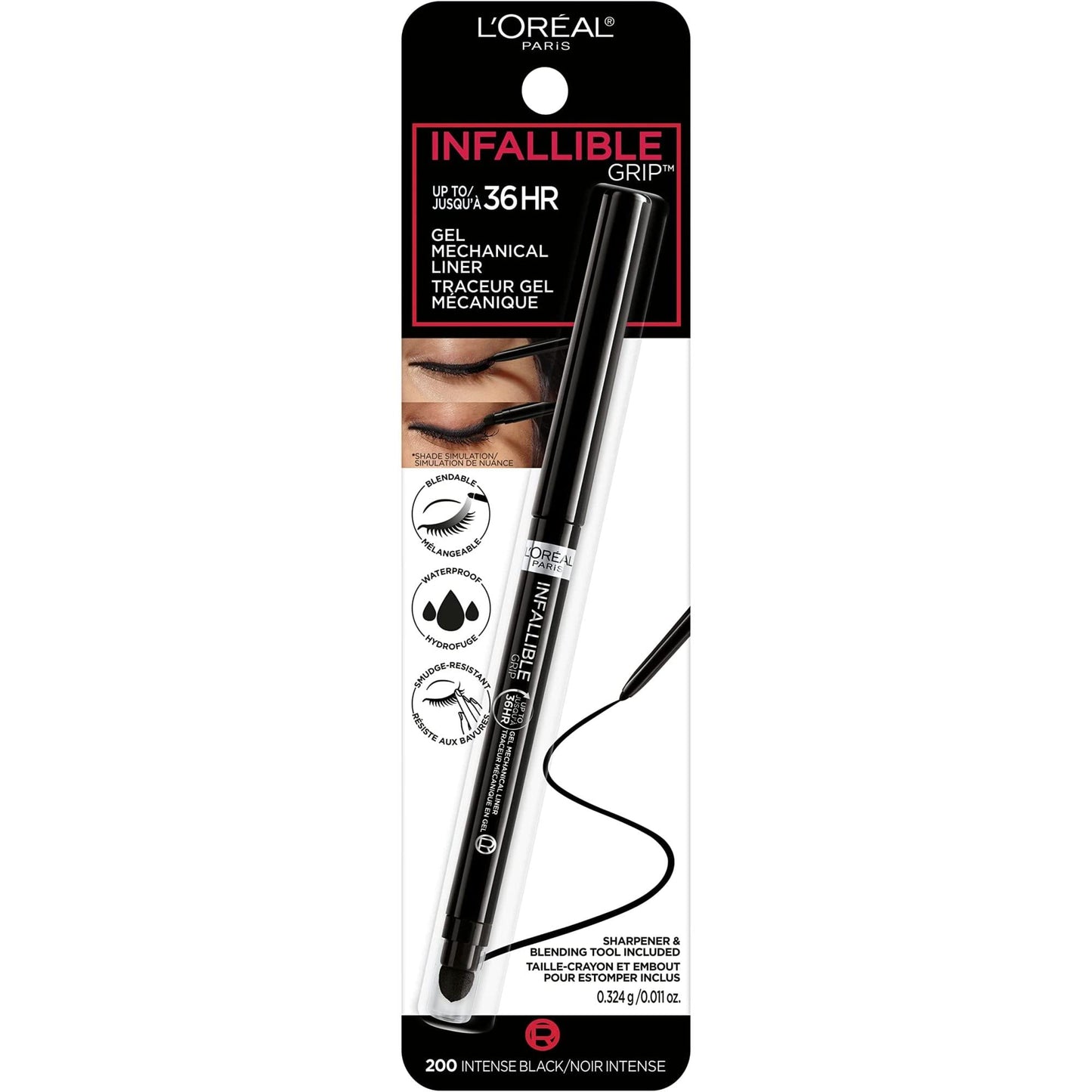 L'Oreal Paris Infallible Grip Mechanical Gel Eyeliner Pencil, Smudge-Resistant, Waterproof Eye Makeup with Up to 36HR Wear, Intense Black, 0.01 Oz Beauty & Personal Care L'Oreal Paris