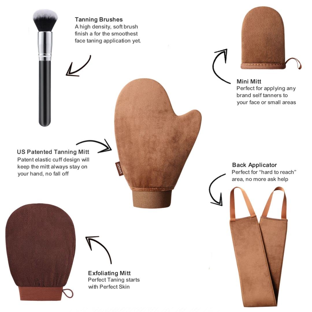Sanfery 5-Piece Self Tanning Mitt Kit with Self Tanner Back Applicator, Self Tanning Brush, Exfoliating Mitt & Accessories for Flawless Tan Beauty & Personal Care Sanfery