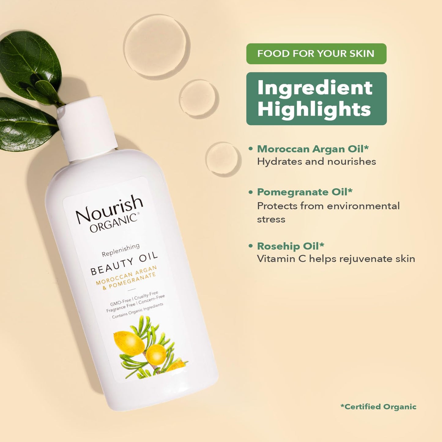 Nourish Organic Beauty Oil - Replenishing Body Oil with Moroccan Argan Oil, Pomegranate, Rosehip Oil & Vitamin E, 3.4 Oz + Washable Cotton Round. Beauty & Personal Care Nourish Organic