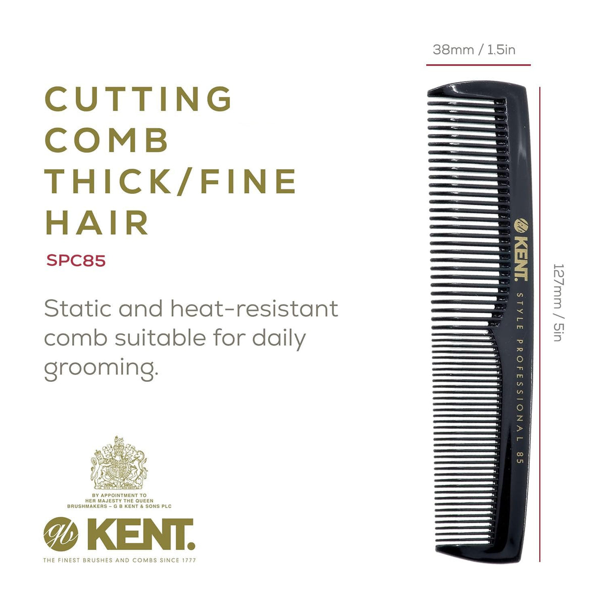 Kent SPC85 5 inch Salon-Style Dressing Cutting Comb with Wide and Fine Teeth Professional Barber Haircut Comb for Styling and Teasing, Hard Rubber,