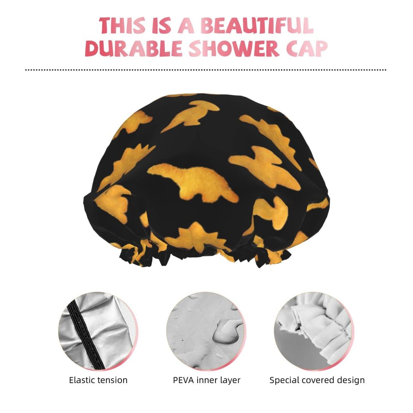 Cute Dinosaur Chicken Nuggets Shower Cap Reusable Double Waterproof Layers Bathing Shower Hat Hair Protection Shower Hat Beauty and Personal Care Wegphh
