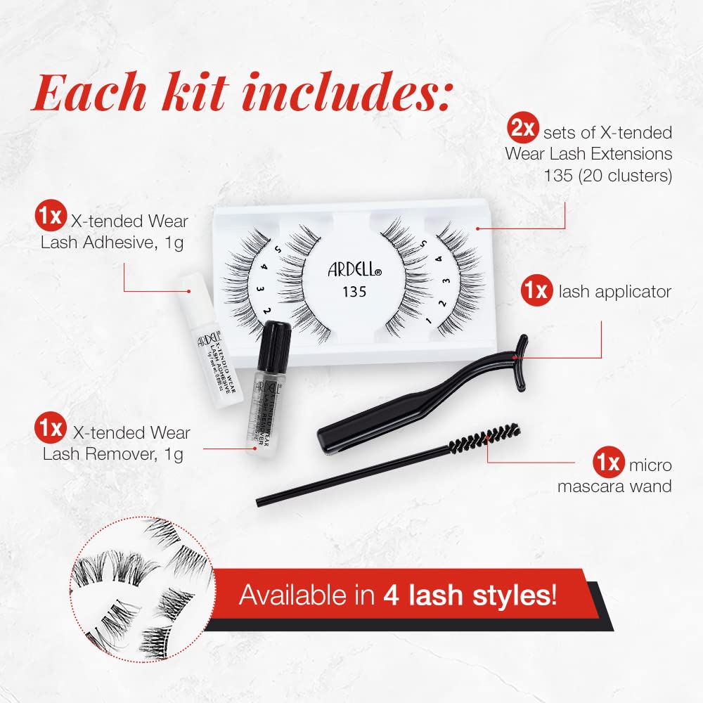 Ardell X-Tended Wear Lash Clusters Kit, 135 - Cluster False Eyelashes with Adhesive & Applicator, Natural Wispy Lashes, DIY Eyelash Extensions, 1 Pack