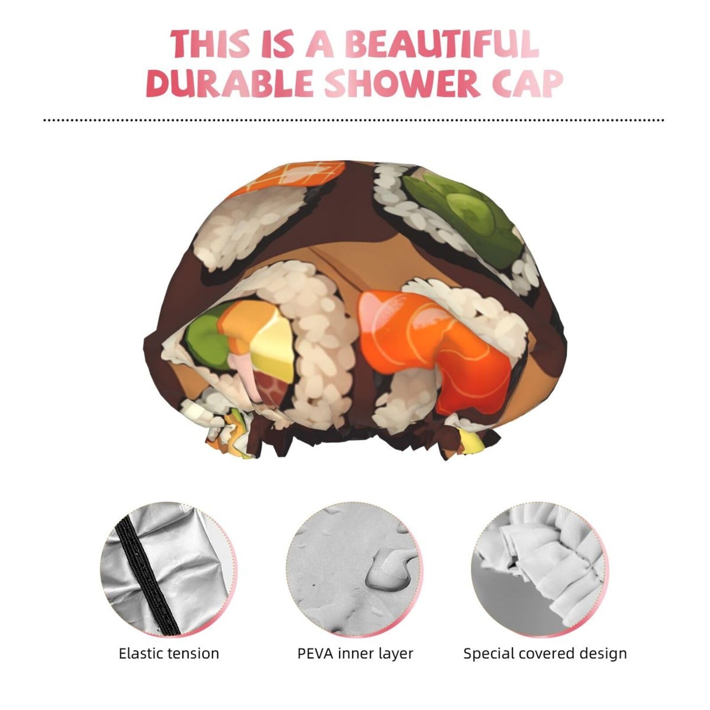 Many Sushi Food Shower Cap For Women Reusable Double Layers Bathing Bath Cap Hair Caps Waterproof Elastic Band Ladies Spa Salon Shower Hat Hair Caps Beauty and Personal Care GDSHJKLW