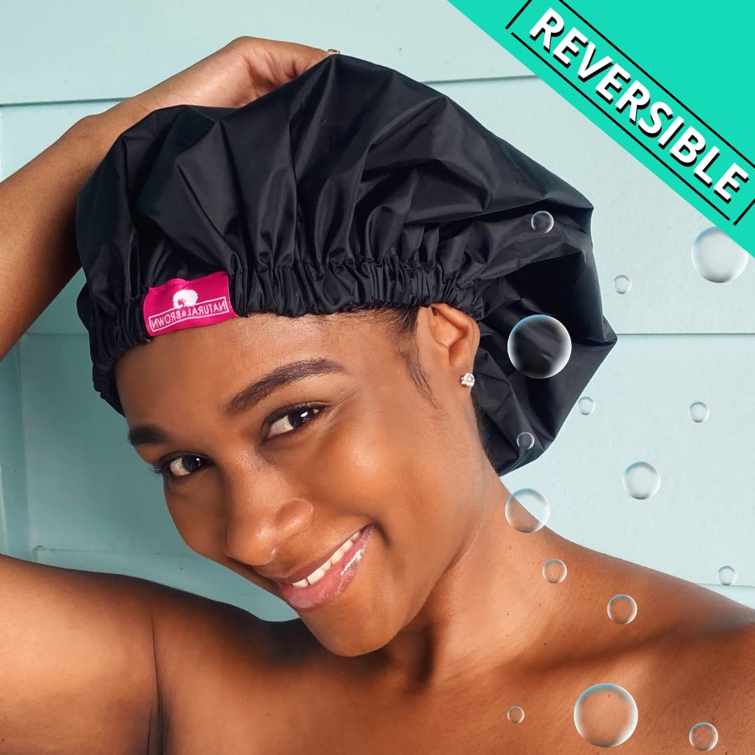 Shower Cap - Extra Large, Black, Satin lined inside, Reversible bonnet, Waterproof outer layer, Adjustable Elastic Strap, Reusable, Washable, Positive Beauty & Personal Care Natural & Brown