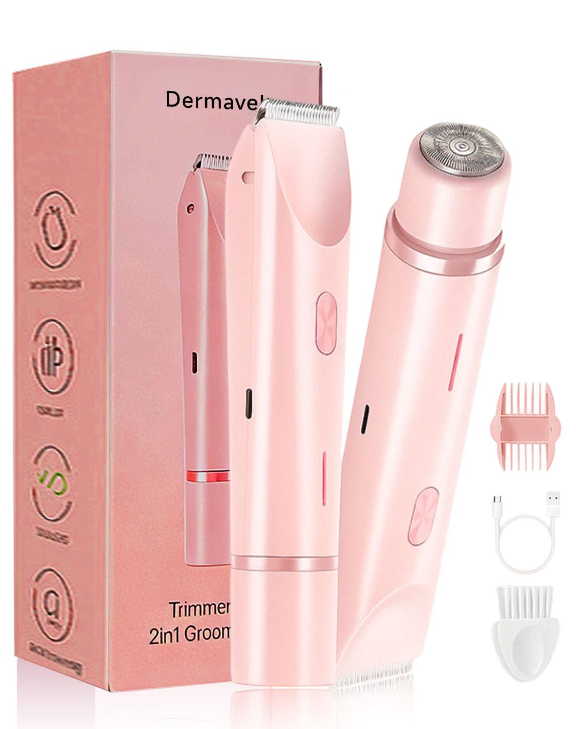 Dermavel Trimmer 2.0 Women, Ergonomic 2-in-1 Body & Facial Hair Trimmer, Luxury Skin Gentle Electric Razor, Waterproof Rechargeable Grooming Shaver Beauty and Personal Care Dermavel