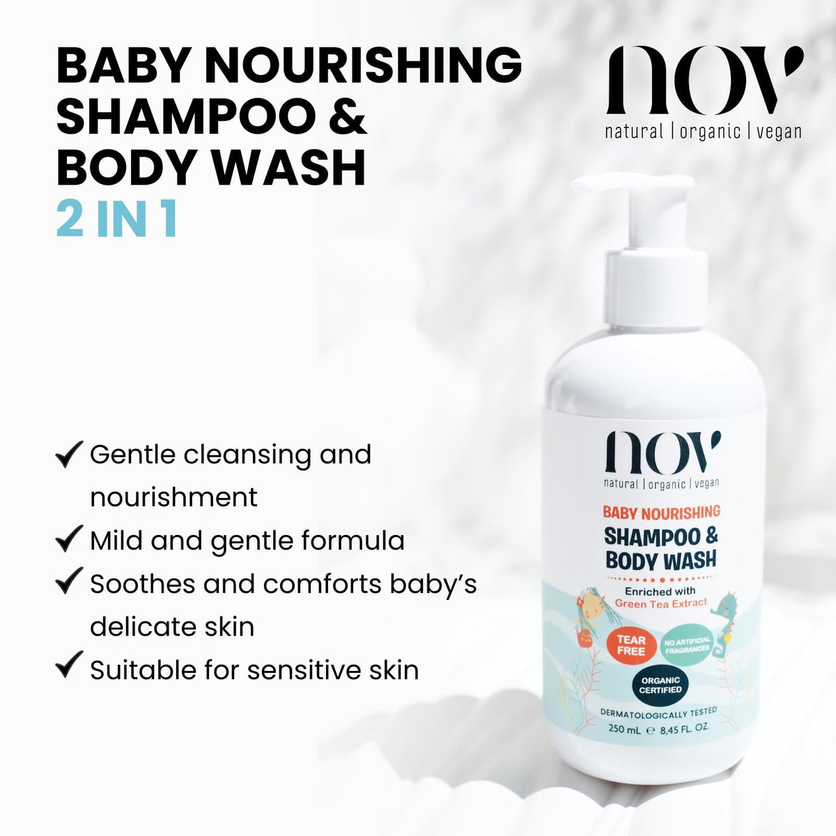 NOV natural organic vegan Baby Shampoo & Body Wash | Tear-Free, Plant-Based Formula for Gentle Cleansing, Nurturing, and Ethical Care, Free from